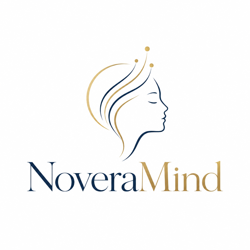 NoveraMind – Wortmarke mit Kopfprofil-Symbol in Marineblau und Gold